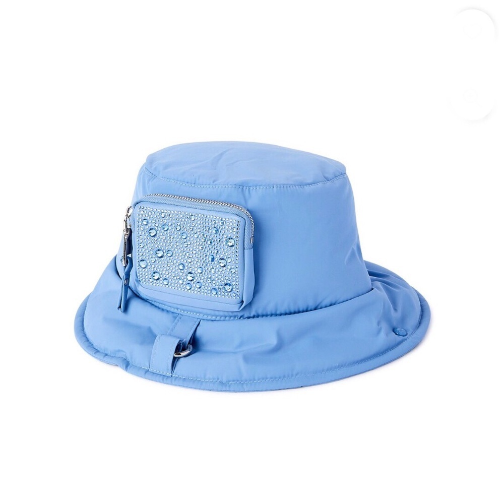 Cute bejeweled bling Blue Puffer Bucket Hat with zippered pocket new